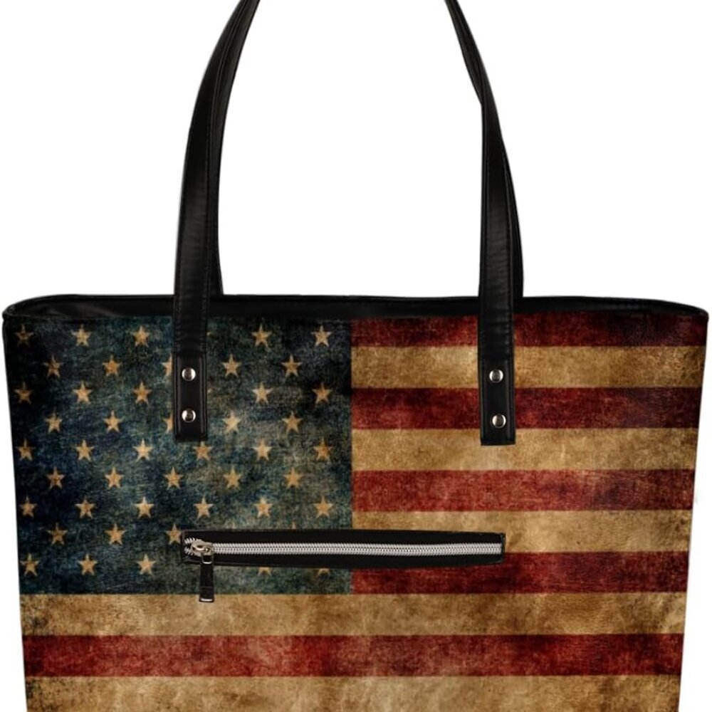 Vintage American Flag Tote Bag Women Shoulder Handbag PU Leather Large Capacity